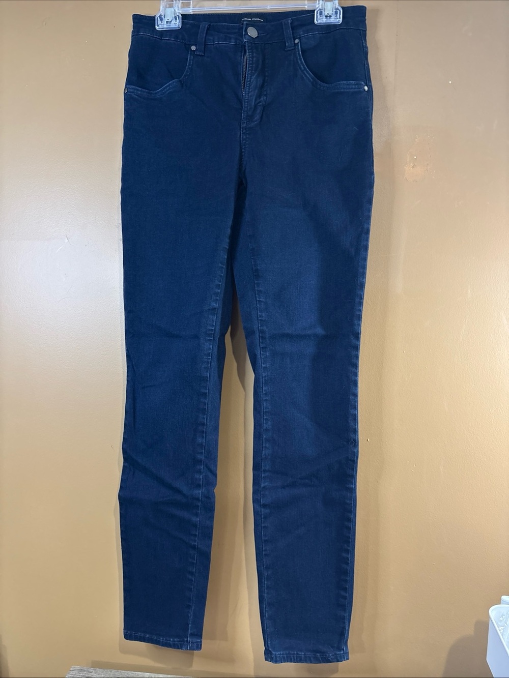 HC1026 Universal Standard Skinny Jeans Sz L Long Dark Blue Distressed Stretch